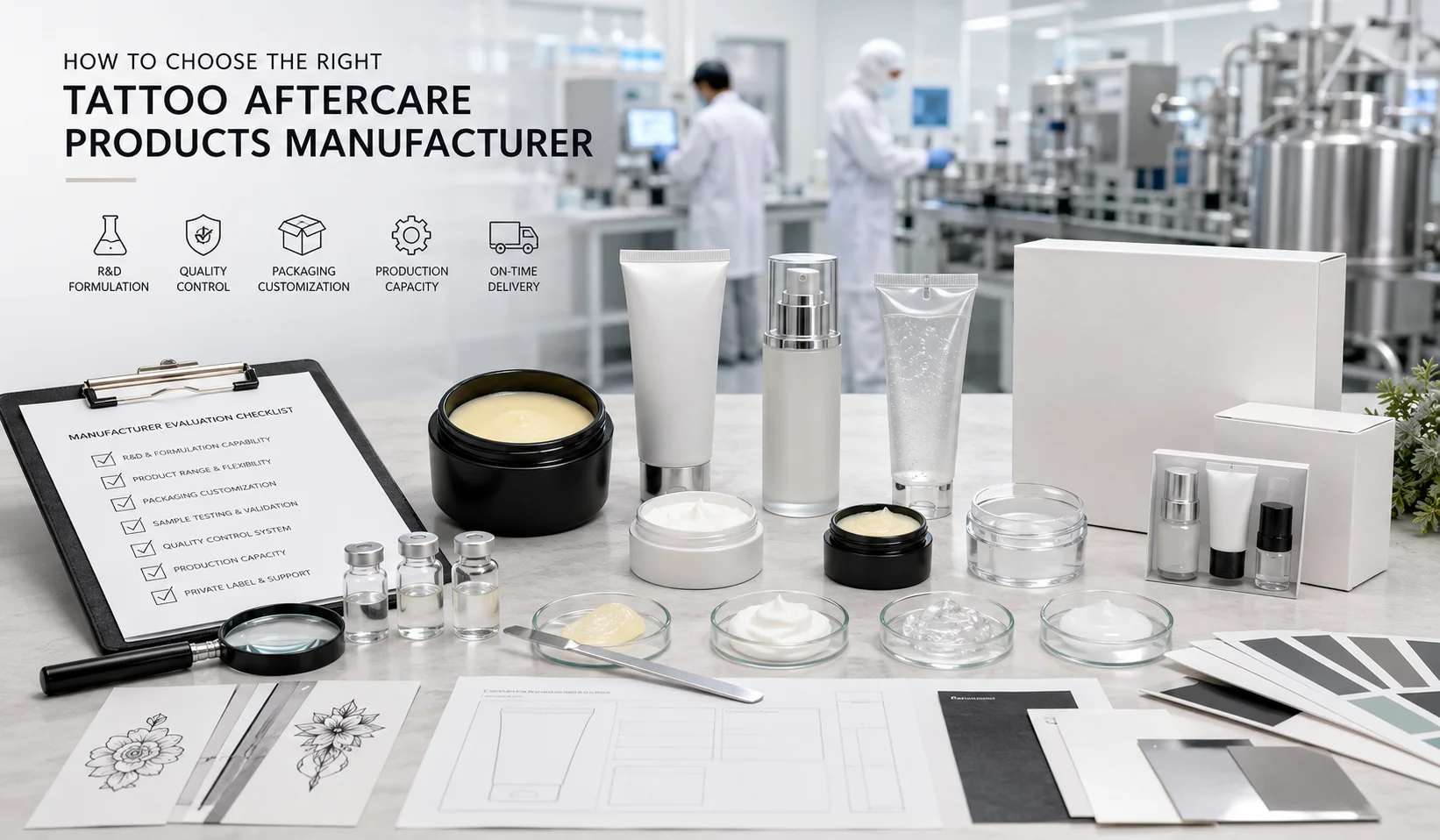 Tattoo aftercare products displayed with manufacturing guidelines in a laboratory setup, emphasizing quality control and packaging.